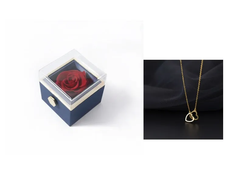 Acrylic rotating rose jewellery box in Chinese red with compartments for rings and earrings