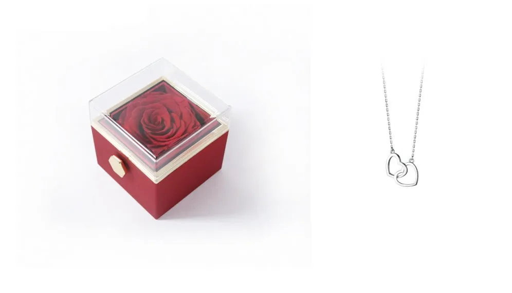 Acrylic rotating rose jewellery box in Chinese red with compartments for rings and earrings