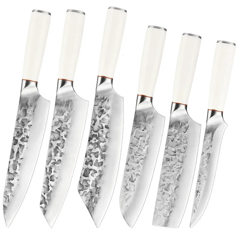 Hand-forged stainless steel kitchen knife set with 7 blades on a wooden cutting board