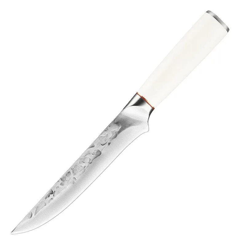 Hand-forged stainless steel kitchen knife set with 7 blades on a wooden cutting board