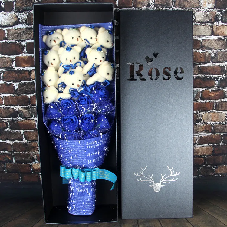 Handmade bouquet of 11 plush bears and 11 chiffon roses in a rose gift box