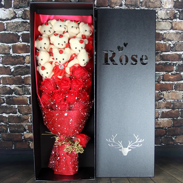 Handmade bouquet of 11 plush bears and 11 chiffon roses in a rose gift box