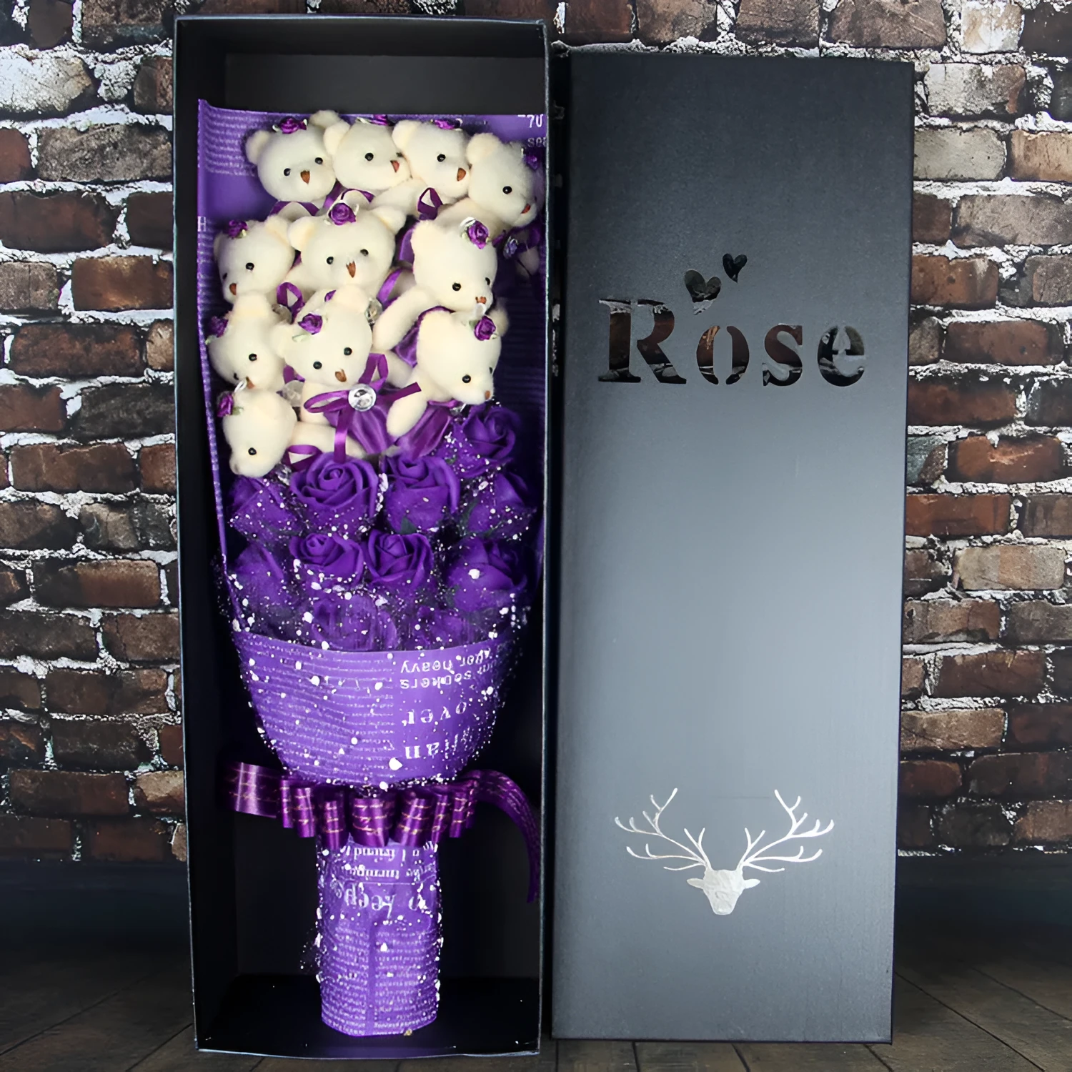 Handmade bouquet of 11 plush bears and 11 chiffon roses in a rose gift box