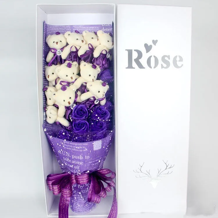 Handmade bouquet of 11 plush bears and 11 chiffon roses in a rose gift box