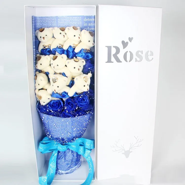 Handmade bouquet of 11 plush bears and 11 chiffon roses in a rose gift box