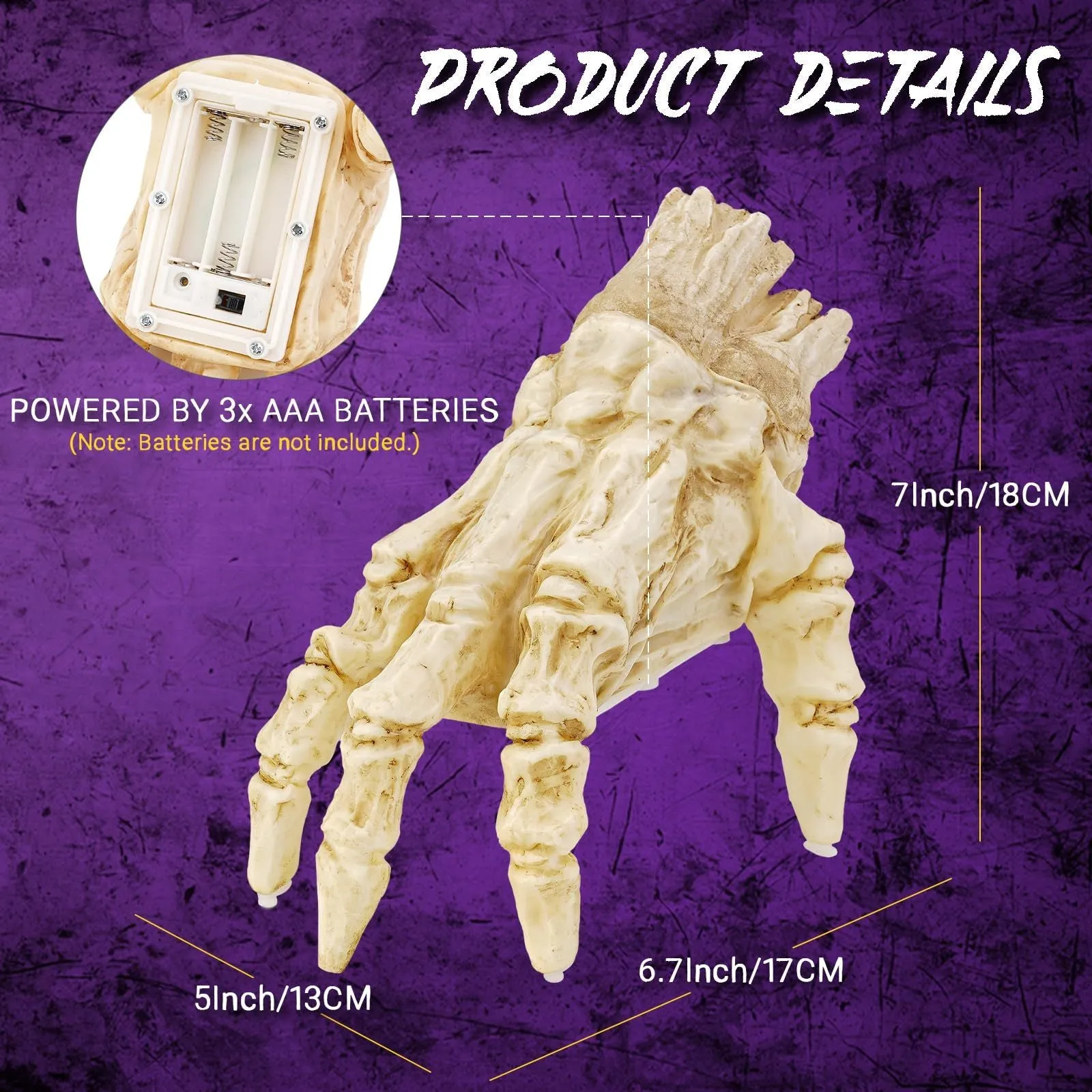 Halloween electric luminous crawling hand made of realistic vinyl with glowing lights on a floor