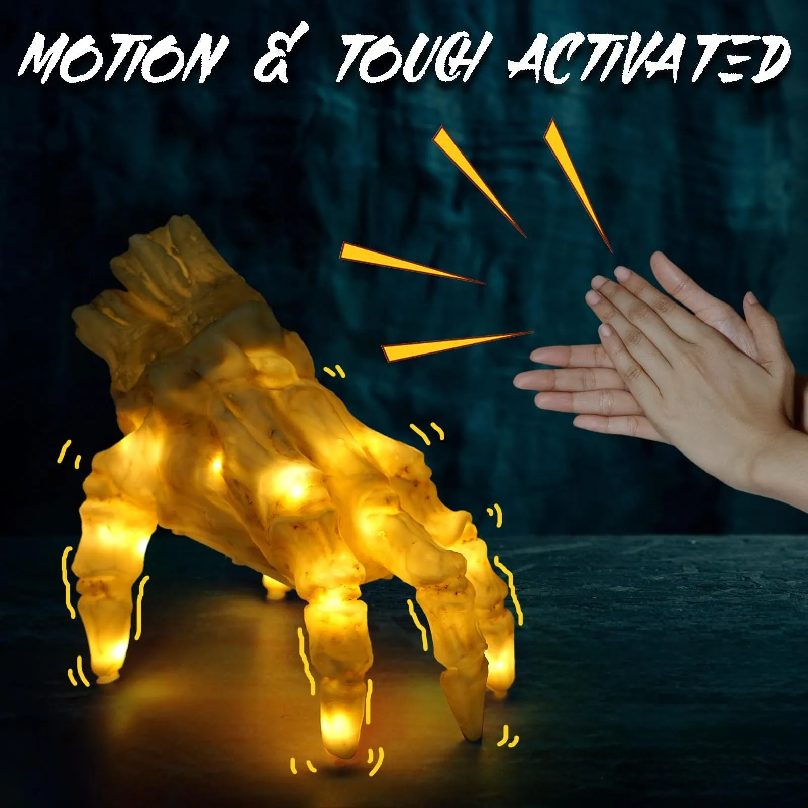 Halloween electric luminous crawling hand made of realistic vinyl with glowing lights on a floor