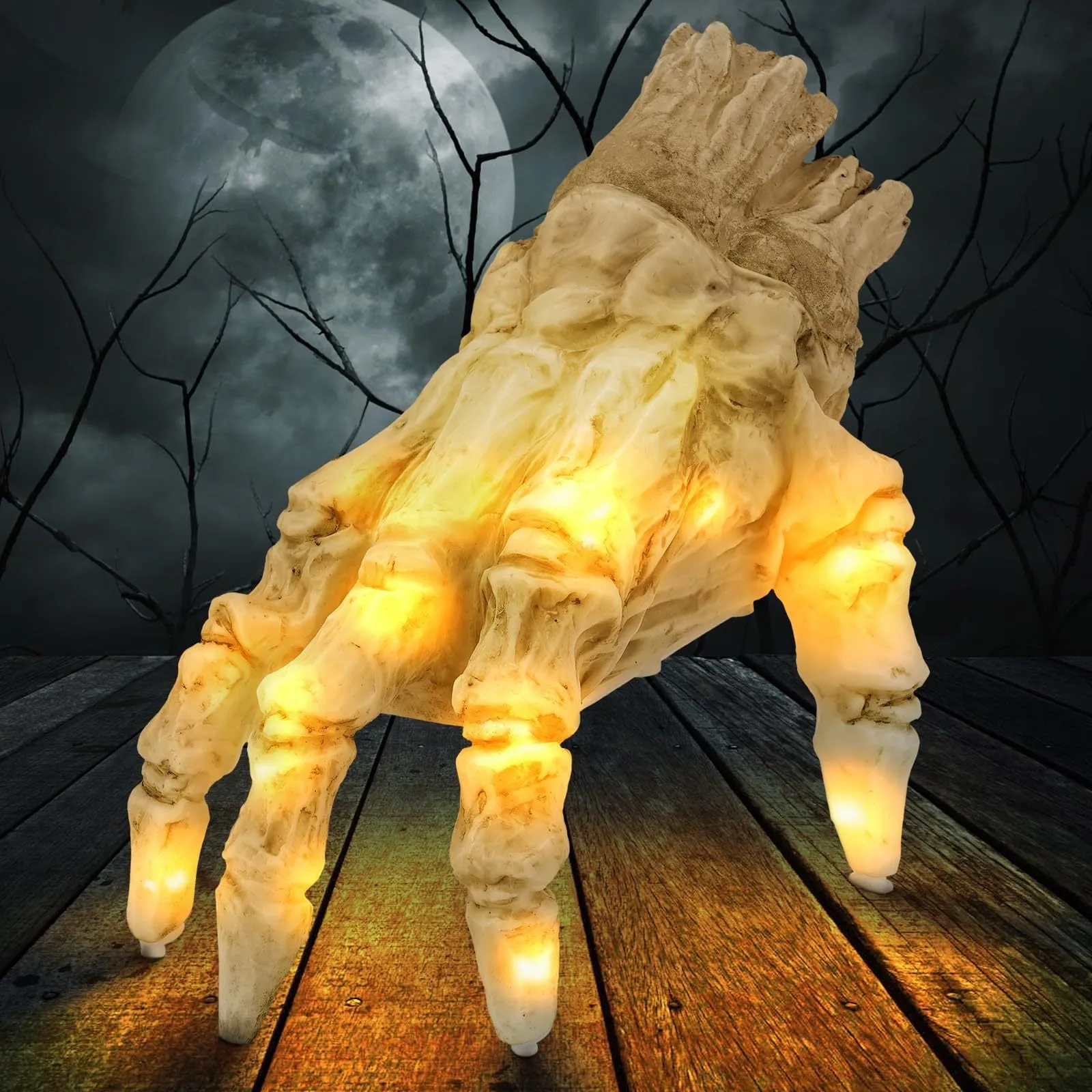 Halloween electric luminous crawling hand made of realistic vinyl with glowing lights on a floor