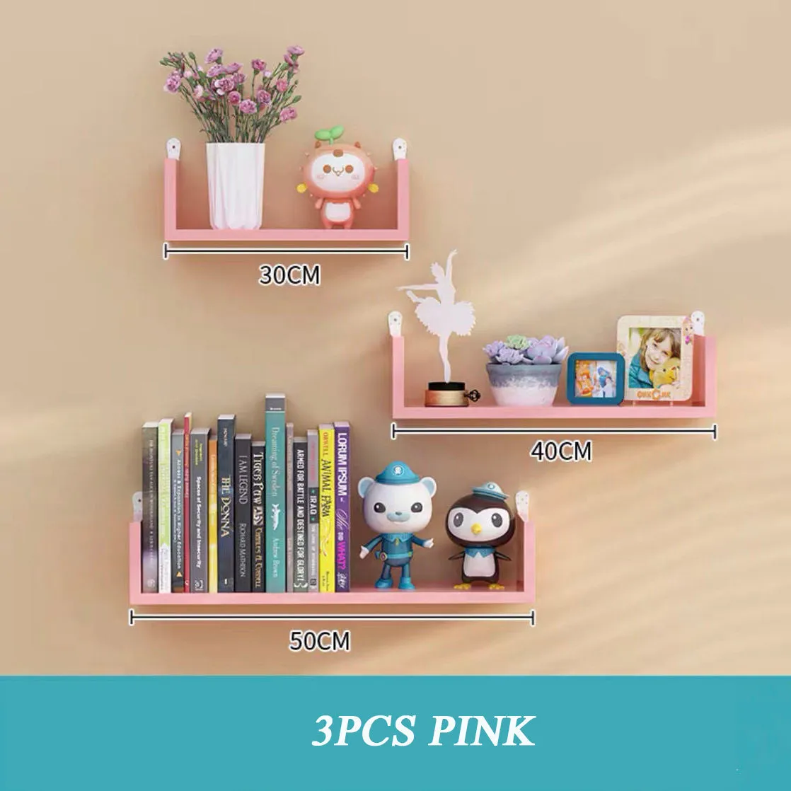 Three-piece wooden wall hanging shelves set in Black Walnut colour for living room decor with punch-free installation