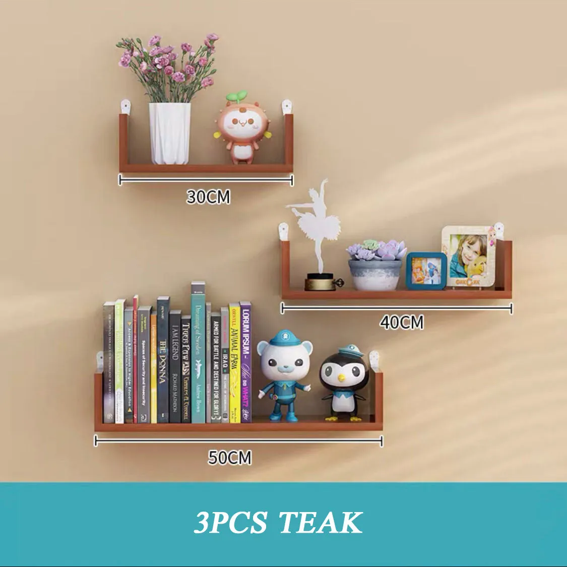 Three-piece wooden wall hanging shelves set in Black Walnut colour for living room decor with punch-free installation