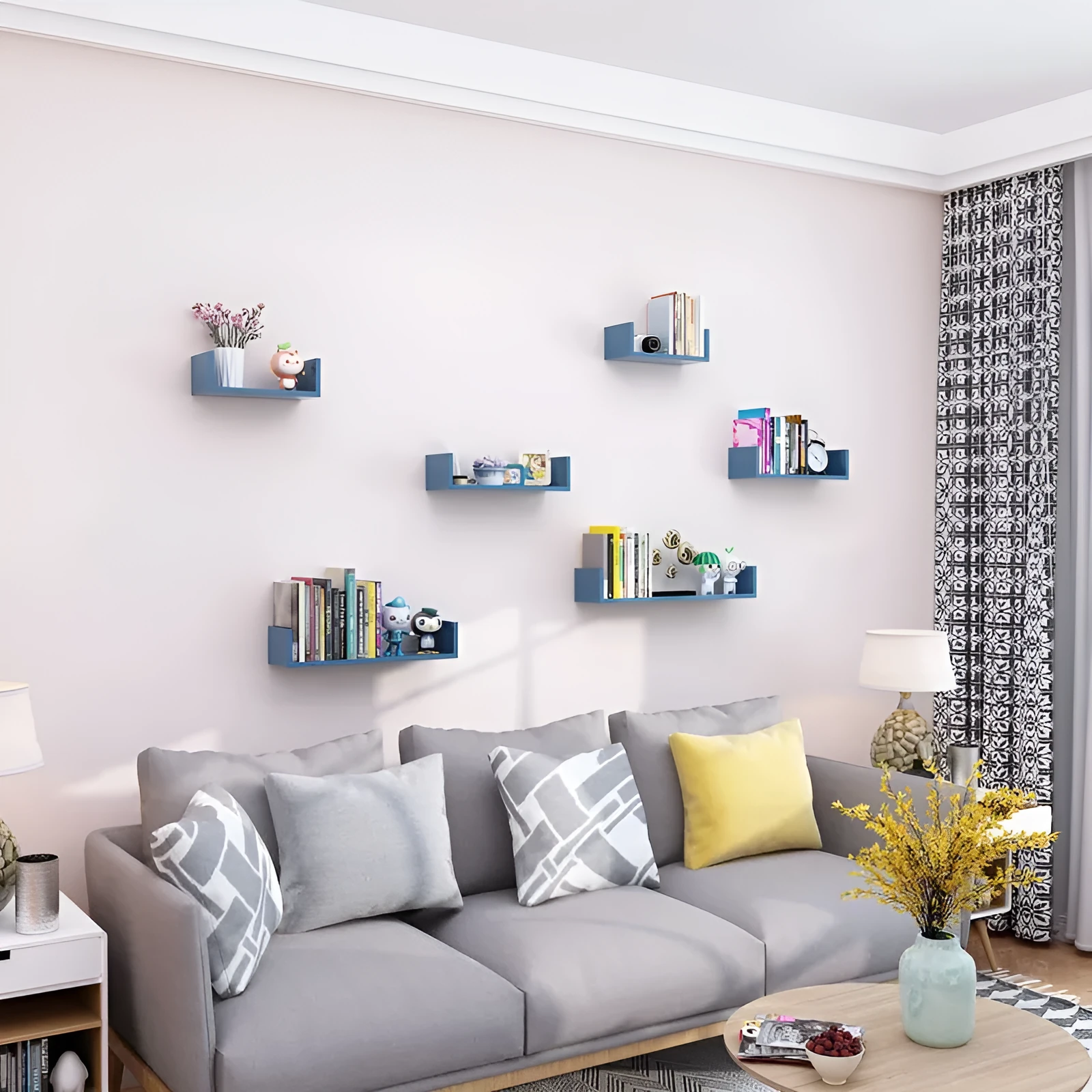 Three-piece wooden wall hanging shelves set in Black Walnut colour for living room decor with punch-free installation