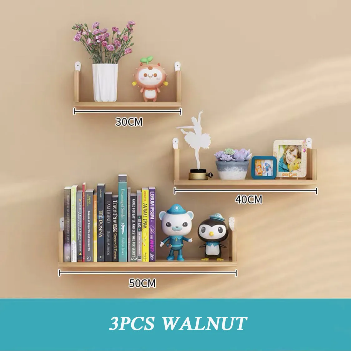 Three-piece wooden wall hanging shelves set in Black Walnut colour for living room decor with punch-free installation