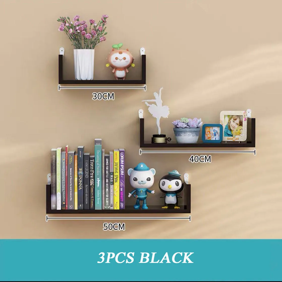 Three-piece wooden wall hanging shelves set in Black Walnut colour for living room decor with punch-free installation