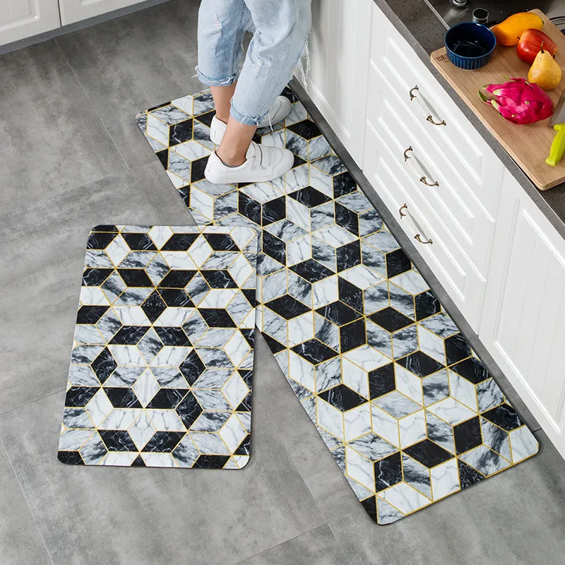 Machine-woven kitchen floor mat with geometric pattern in leather-like finish, available in 40x60cm size