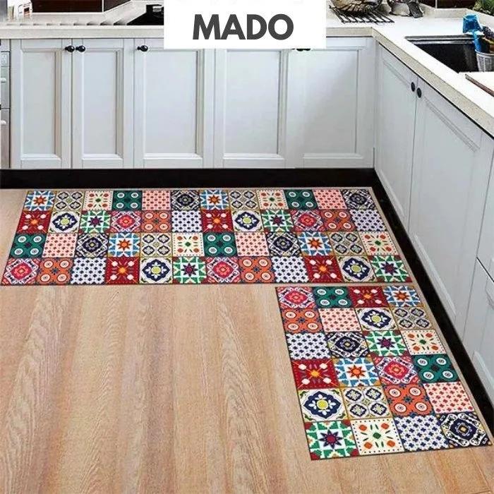 Machine-woven kitchen floor mat with geometric pattern in leather-like finish, available in 40x60cm size