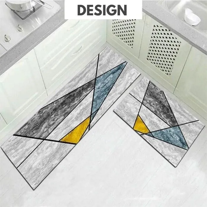 Machine-woven kitchen floor mat with geometric pattern in leather-like finish, available in 40x60cm size