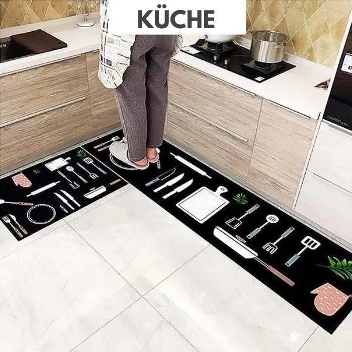 Machine-woven kitchen floor mat with geometric pattern in leather-like finish, available in 40x60cm size