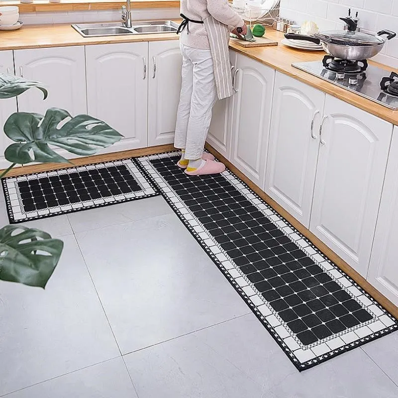 Machine-woven kitchen floor mat with geometric pattern in leather-like finish, available in 40x60cm size