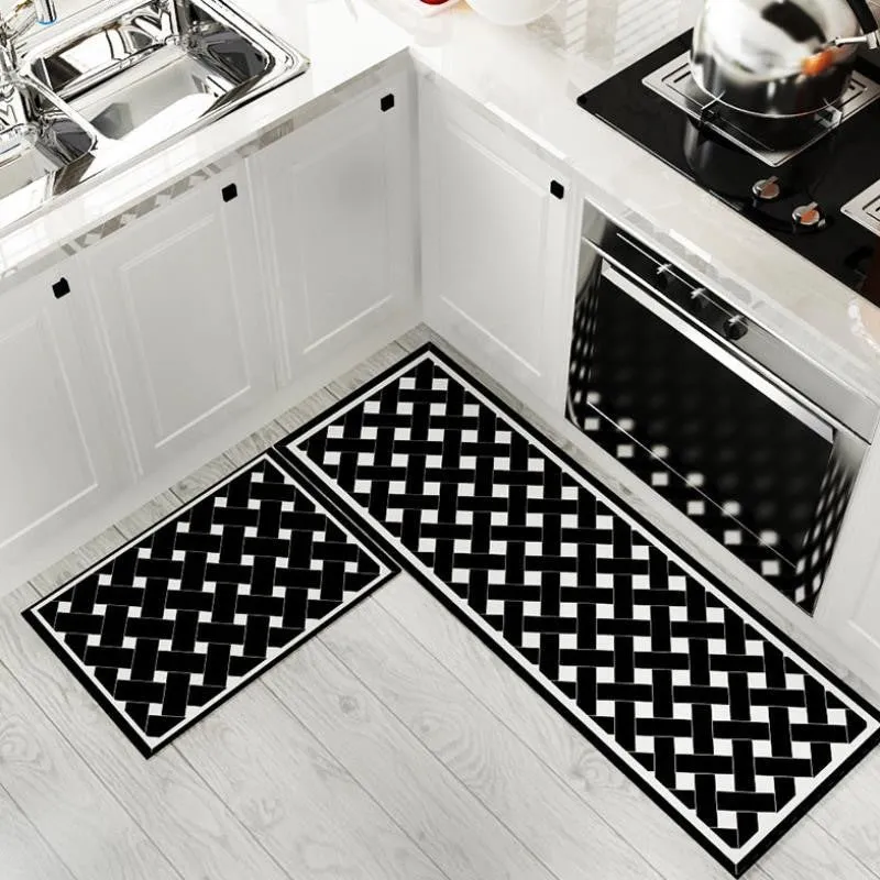 Machine-woven kitchen floor mat with geometric pattern in leather-like finish, available in 40x60cm size