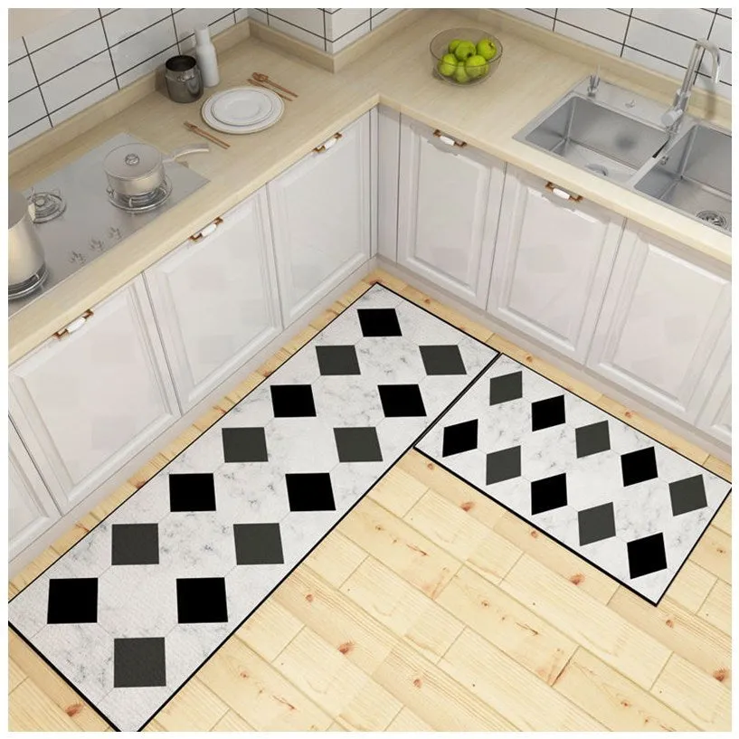 Machine-woven kitchen floor mat with geometric pattern in leather-like finish, available in 40x60cm size