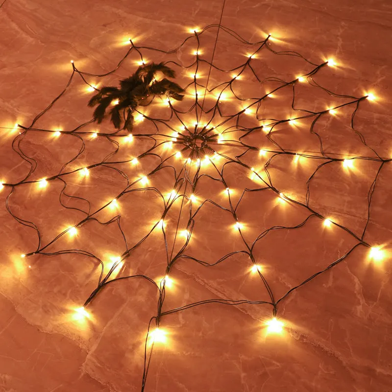 Halloween spider web light with 70 warm white LEDs, furry spider, remote control, 1m diameter, on black wire
