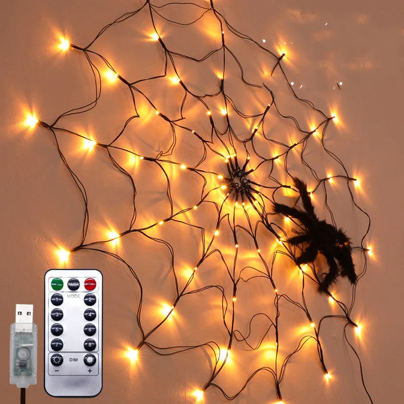 Halloween spider web light with 70 warm white LEDs, furry spider, remote control, 1m diameter, on black wire