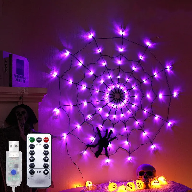 Halloween spider web light with 70 warm white LEDs, furry spider, remote control, 1m diameter, on black wire