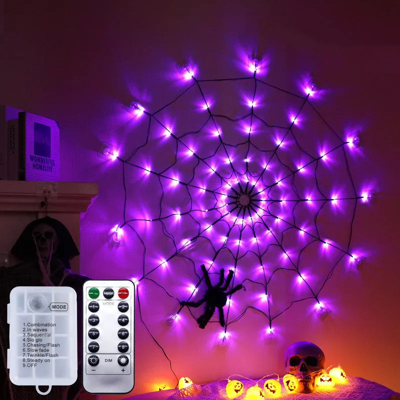Halloween spider web light with 70 warm white LEDs, furry spider, remote control, 1m diameter, on black wire