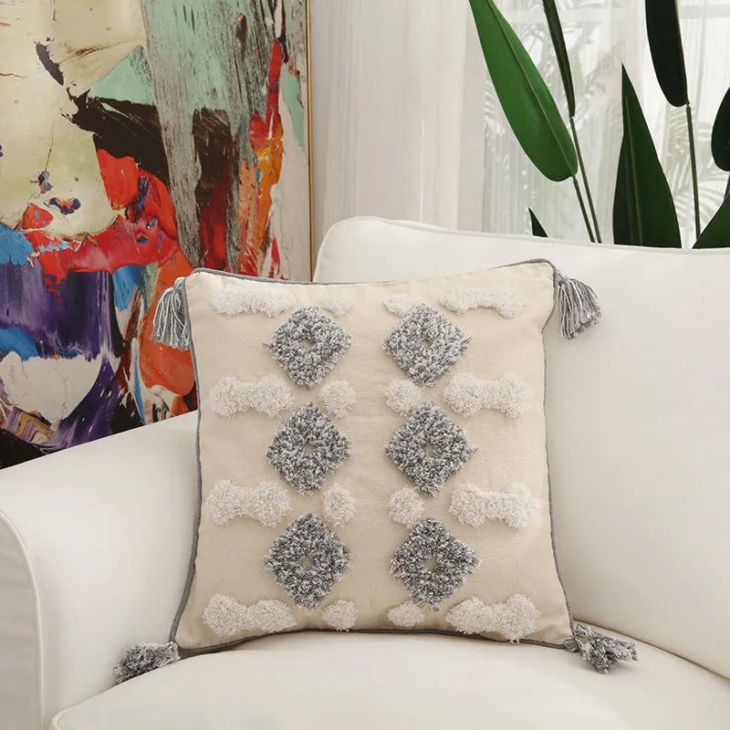 45x45cm cotton velvet embroidered retro pillowcase with tassel in grey