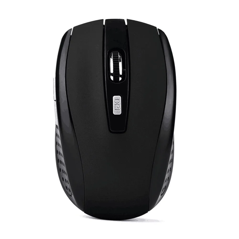 Wireless optical mouse in matte black with six buttons and scroll wheel on a desk