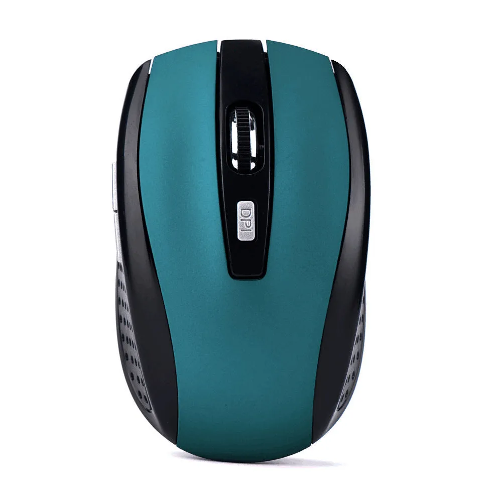 Wireless optical mouse in matte black with six buttons and scroll wheel on a desk