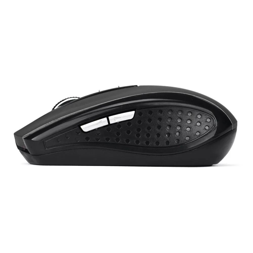 Wireless optical mouse in matte black with six buttons and scroll wheel on a desk