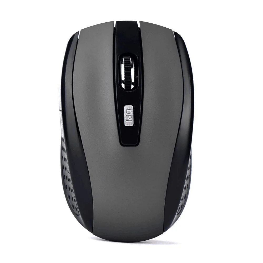 Wireless optical mouse in matte black with six buttons and scroll wheel on a desk