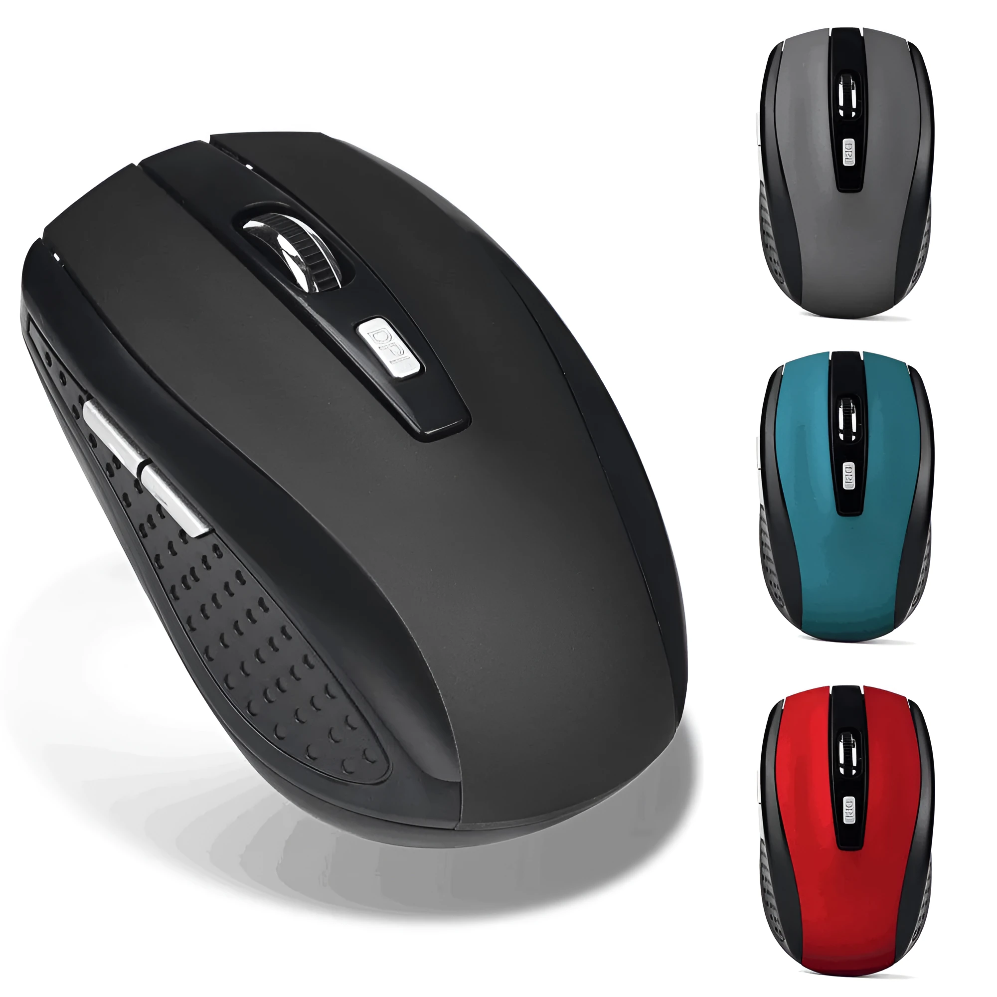 Wireless optical mouse in matte black with six buttons and scroll wheel on a desk