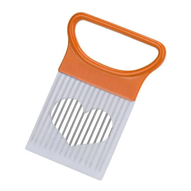 Vegetable holder cutting aid for onions and tomatoes with blue easy-grip handle, PP plastic and 430 steel, 10.5cm x 7.8cm
