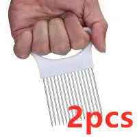 Vegetable holder cutting aid for onions and tomatoes with blue easy-grip handle, PP plastic and 430 steel, 10.5cm x 7.8cm