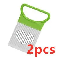Vegetable holder cutting aid for onions and tomatoes with blue easy-grip handle, PP plastic and 430 steel, 10.5cm x 7.8cm