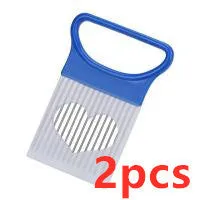 Vegetable holder cutting aid for onions and tomatoes with blue easy-grip handle, PP plastic and 430 steel, 10.5cm x 7.8cm
