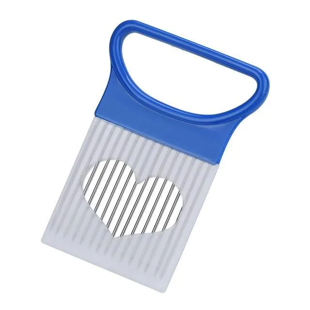 Vegetable holder cutting aid for onions and tomatoes with blue easy-grip handle, PP plastic and 430 steel, 10.5cm x 7.8cm