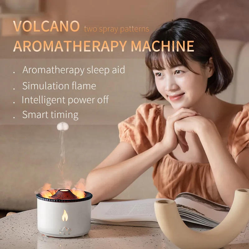 White flame and blue volcano humidifier diffuser with remote control on a table