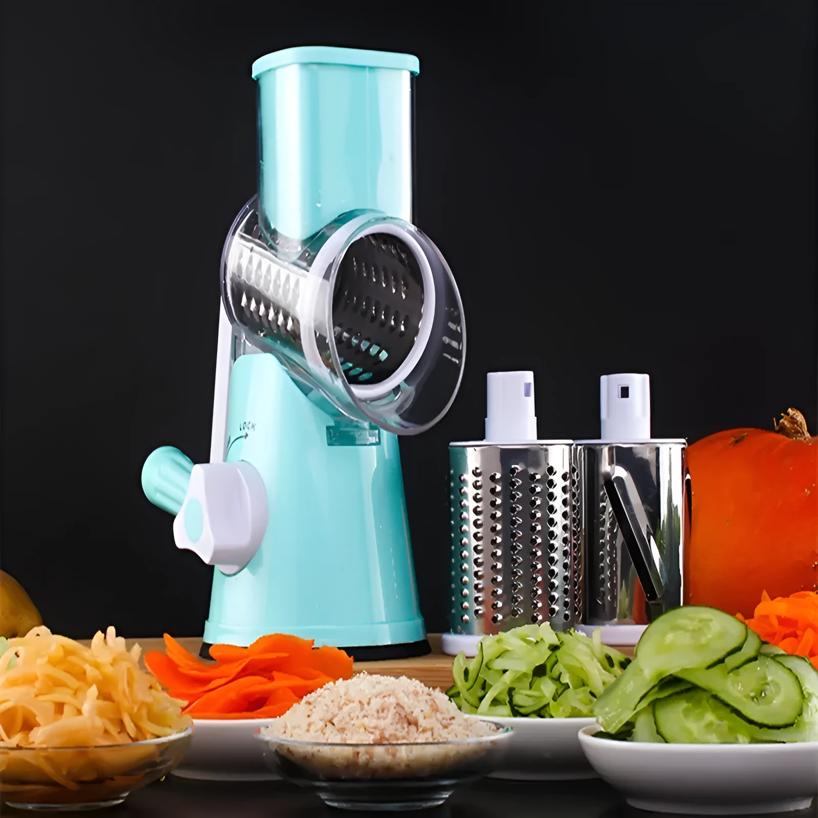 Spiralizer 3-blade vegetable slicer with transparent barrel and red plastic body on white background