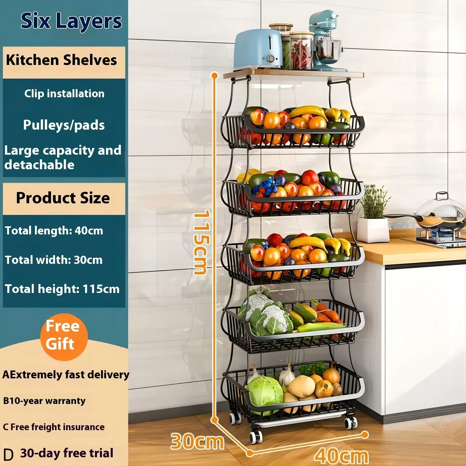 Black six layer foldable kitchen storage rack on wheels