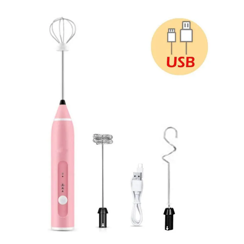 Rechargeable electric milk frother with three rod heads on white background – Black colour option