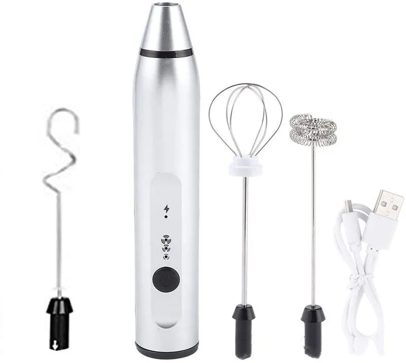 Rechargeable electric milk frother with three rod heads on white background – Black colour option
