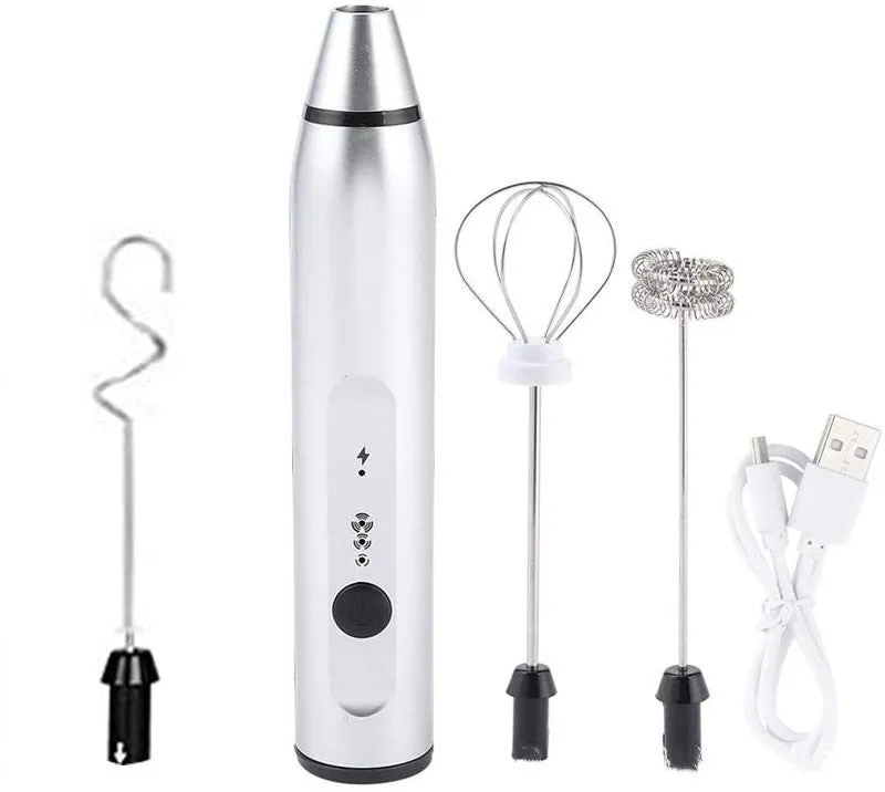Rechargeable electric milk frother with three rod heads on white background – Black colour option
