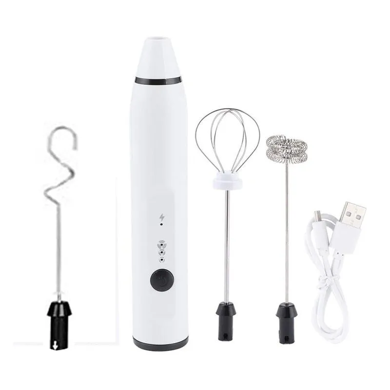 Rechargeable electric milk frother with three rod heads on white background – Black colour option