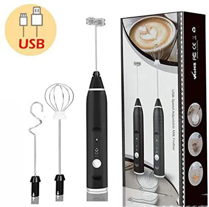 Rechargeable electric milk frother with three rod heads on white background – Black colour option