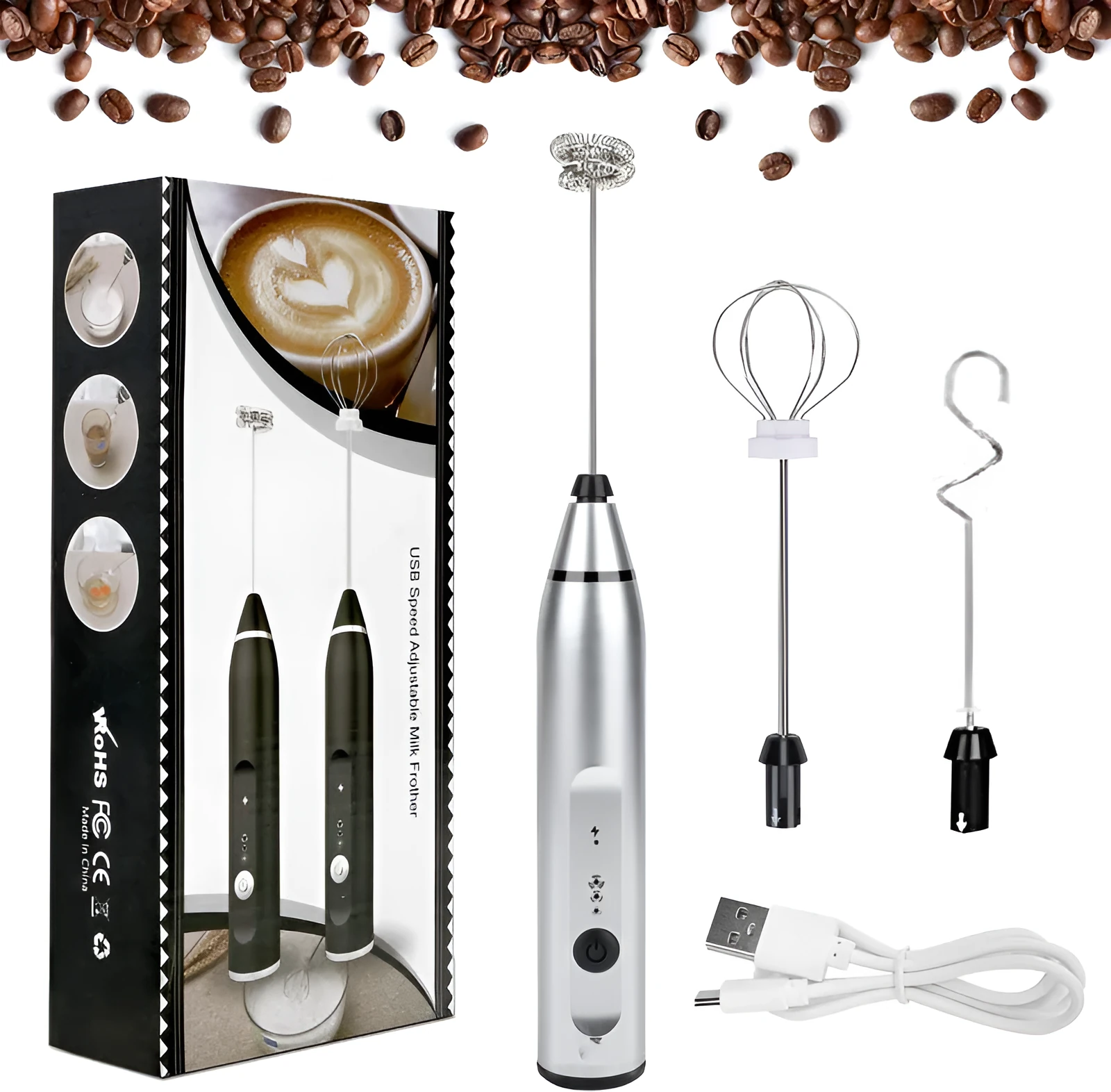 Rechargeable electric milk frother with three rod heads on white background – Black colour option