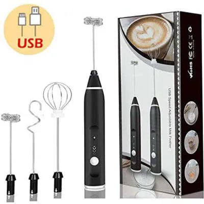 Rechargeable electric milk frother with three rod heads on white background – Black colour option