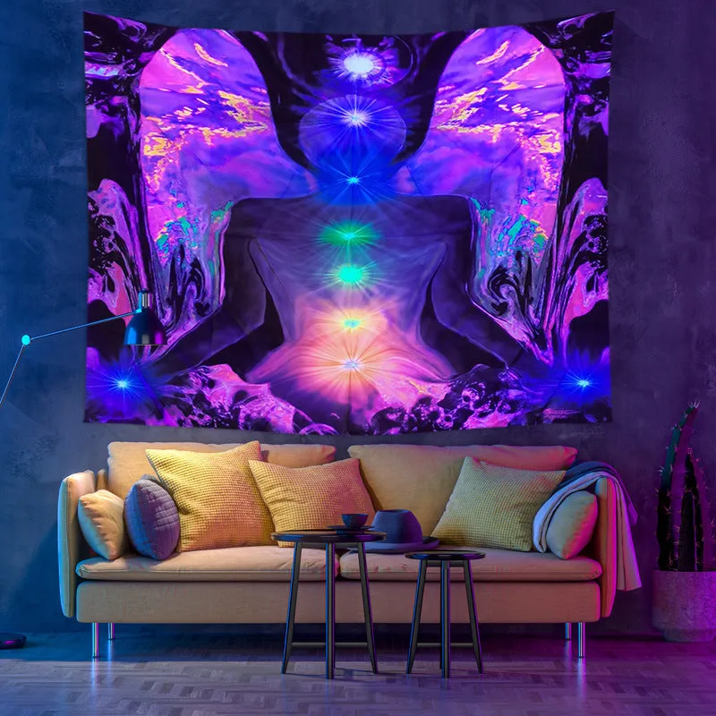 Fluorescent UV light psychedelic mandala ornament tapestry in sanded cloth polyester fibre with machine-woven details